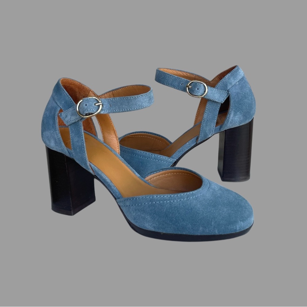 SEZANE Blue Suede Leather Katie Babies Shoes Round Toe Buckle Ankle Strap Heels